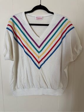 1980’s. Vintage White V-Neck Rainbow Stripe Top